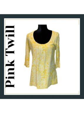 Pink Twill Womens S Yellow White Print Scoop Neck 3/4 Sleeve Cotton Modal Top